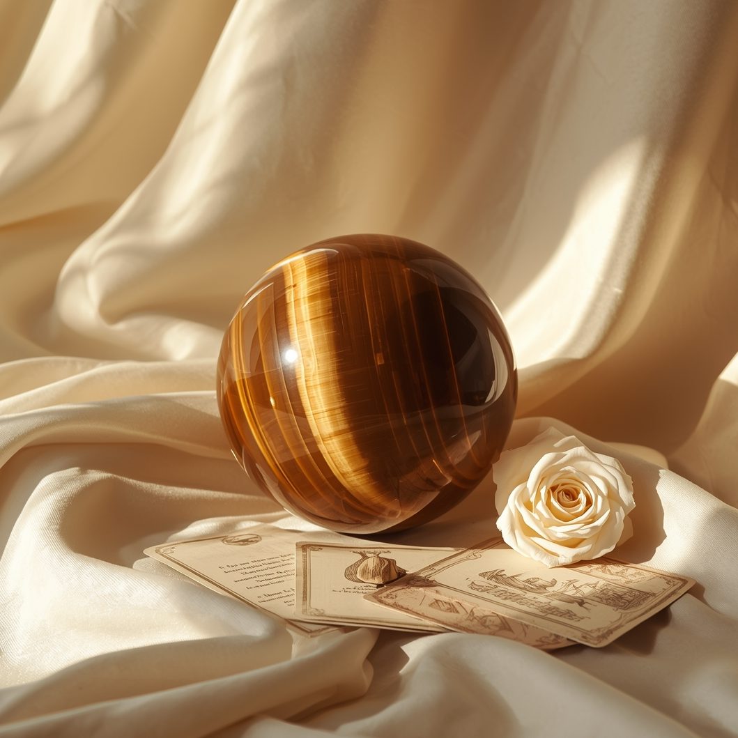 Tigerauge Kugel mit Karten und Rosenblüte auf hellem Stoffhintergrund – Symbolbild für Schutzsteine für Neubeginn.