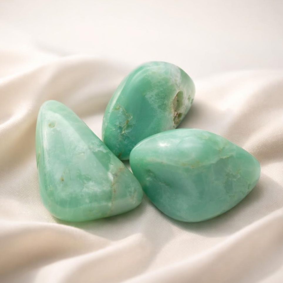 Chrysopras Trommelsteine auf hellem Stoffhintergrund für das Sternzeichen Stier und seine Edelsteine.