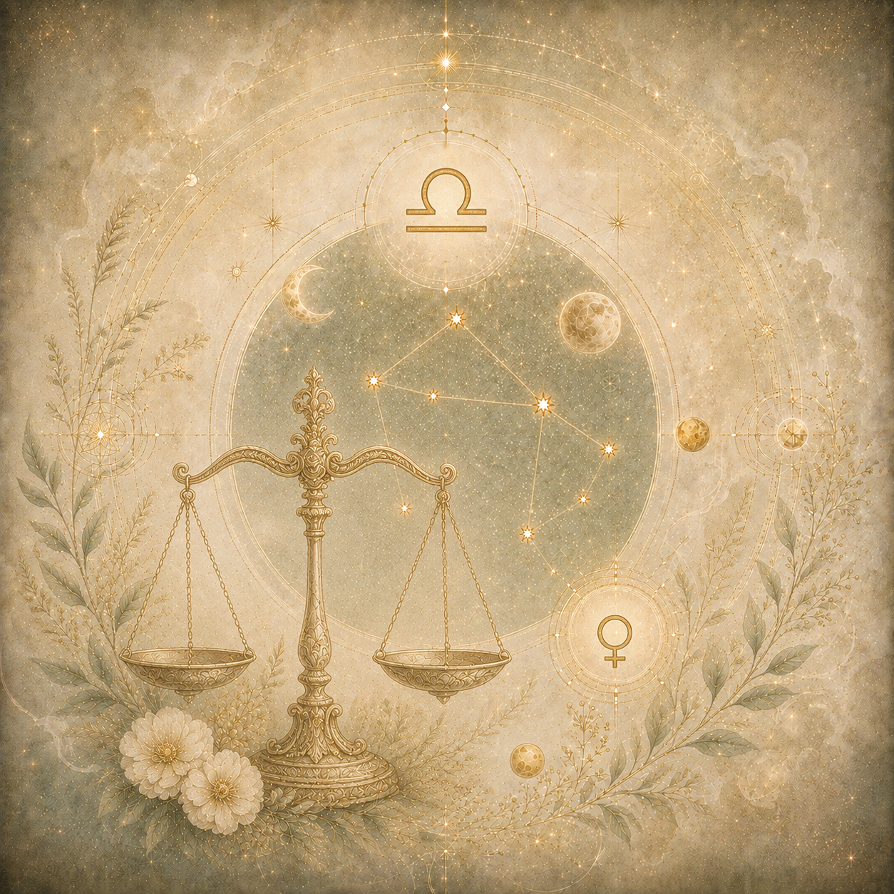 Goldfarbene Wgedarstellung mit Sternbild, Mondsymbolen und feinen Pflanzenmotiven auf einem cremefarbenen, kosmischen Hintergrund.