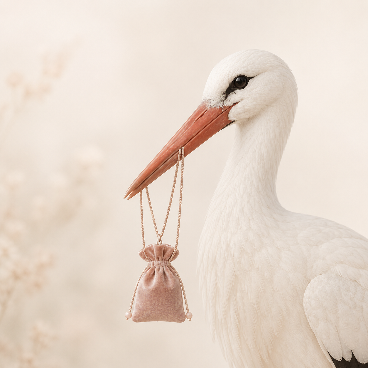 Storch trägt einen kleinen Jute-Sack im Schnabel auf hellem Hintergrund – Symbolbild zu Sternzeichen, Geburtssteine und Geburtsdaten