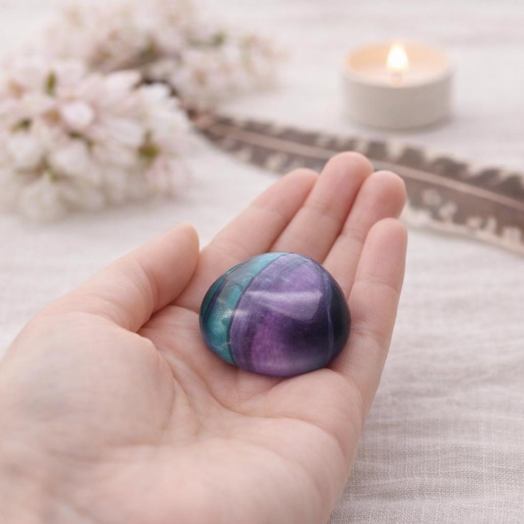 Regenbogenfluorit Trommelstein in der Hand auf hellem Hintergrund als Symbolbild für Edelsteine und Chakren.