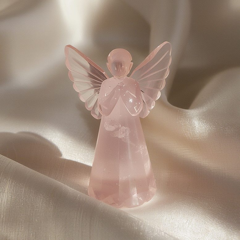 Rosenquarz Engel auf hellem Stoffhintergrund – Symbolbild für Edelsteine für das Herzchakra