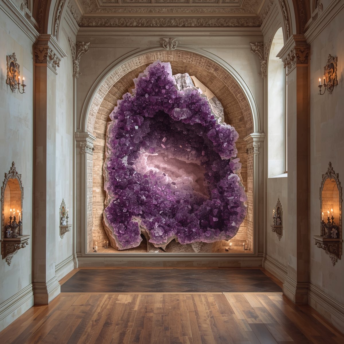 Innenansicht eines Museums mit riesiger Amethyst Geode, Rundbalkonen – Beispiel für Wissensseite „Museen & Orte".
