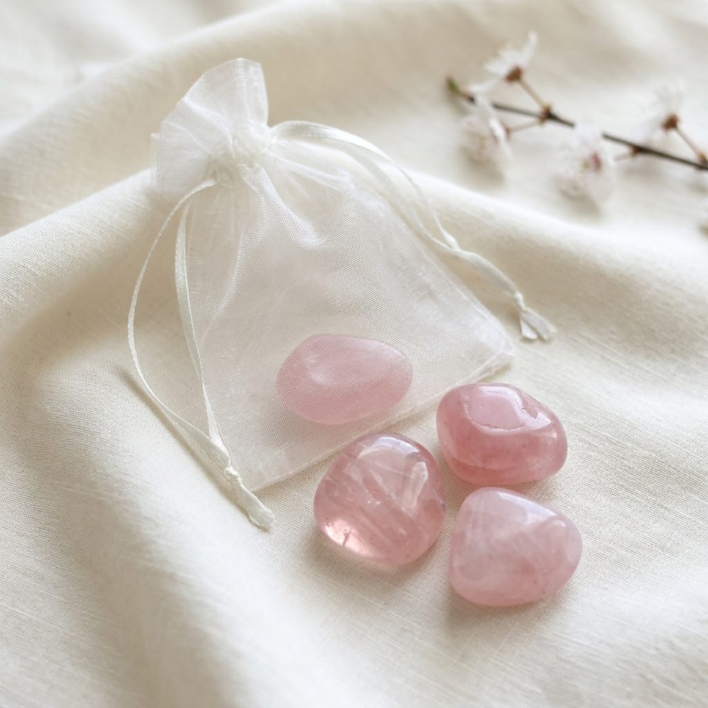 Rosenquarz Trommelsteine mit Hellem Organzabeutel auf hellem Stoffhintergrund und Kirschblütenzweig.