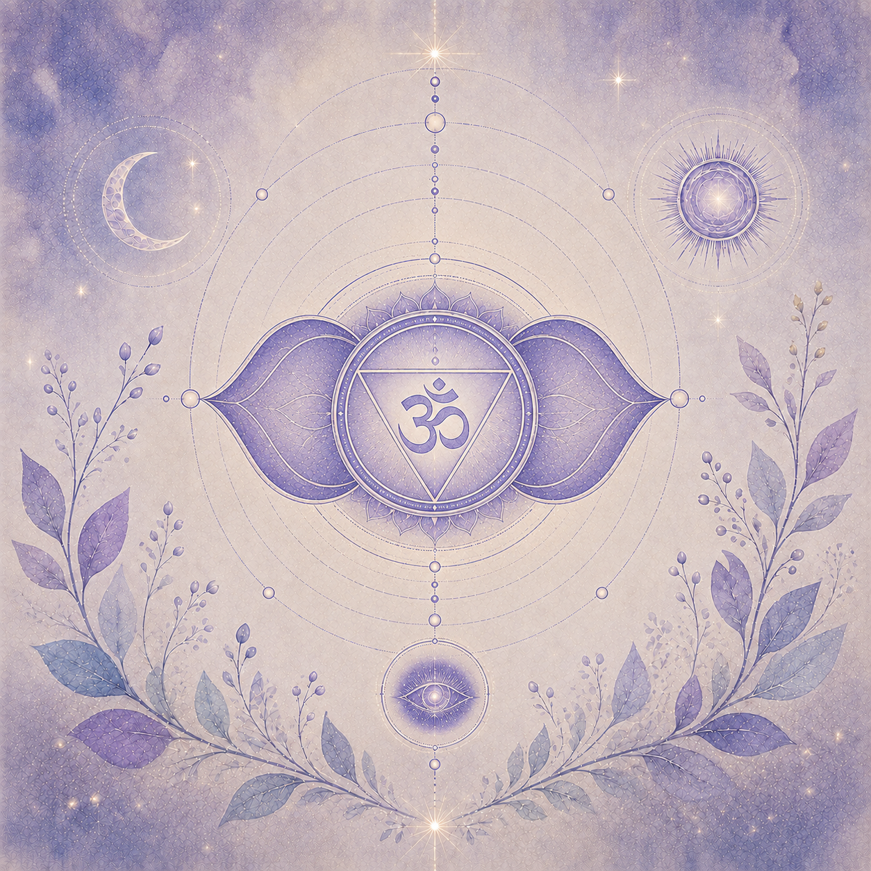 Stirnchakra-Symbol (Ajna/Drittes Auge) in Violett- und Blautönen mit zwei Lotusblättern, Auge, Om-Symbol, Mond und Sonne