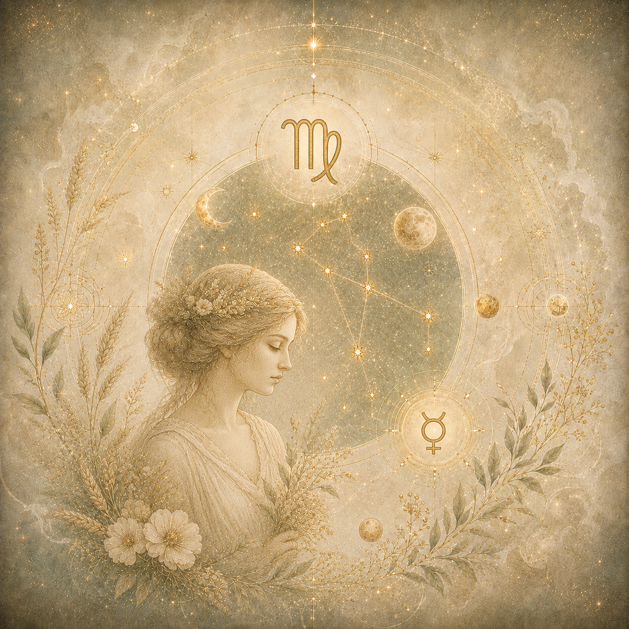 Goldfarbene Jungfraudarstellung mit Sternbild, Mondsymbolen und zarten Pflanzenmotiven auf einem cremefarbenen, kosmischen Hintergrund.