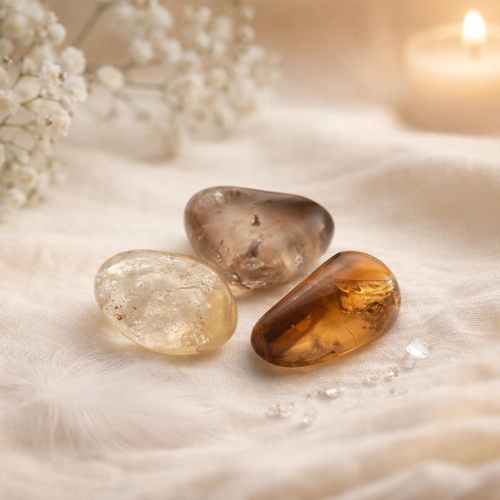Natur Citrin Trommelsteine auf hellem Stoffhintergrund – Symbolbild für Sternzeichen Zwillinge.