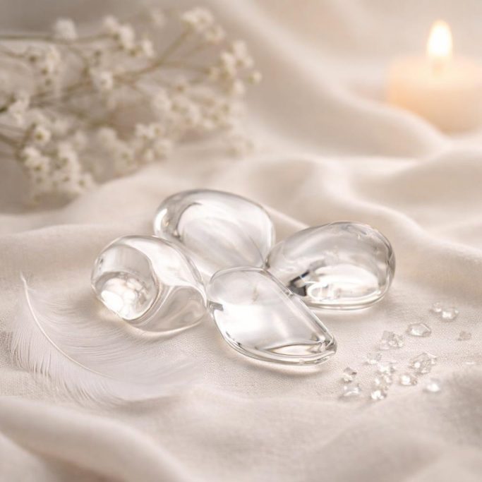 Klare Bergkristall Trommelsteine auf hellem Stoffhintergrund mit Kerze und weißen Blüten.