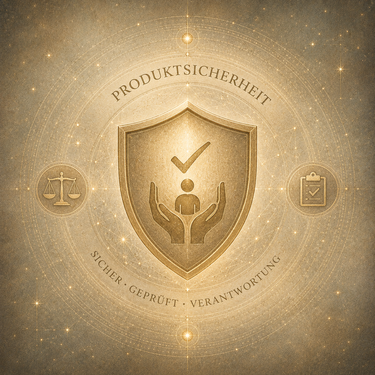 Illustration zur Produktsicherheit mit Schutzschild, Häkchen sowie Symbolen für Prüfung und Verantwortung.