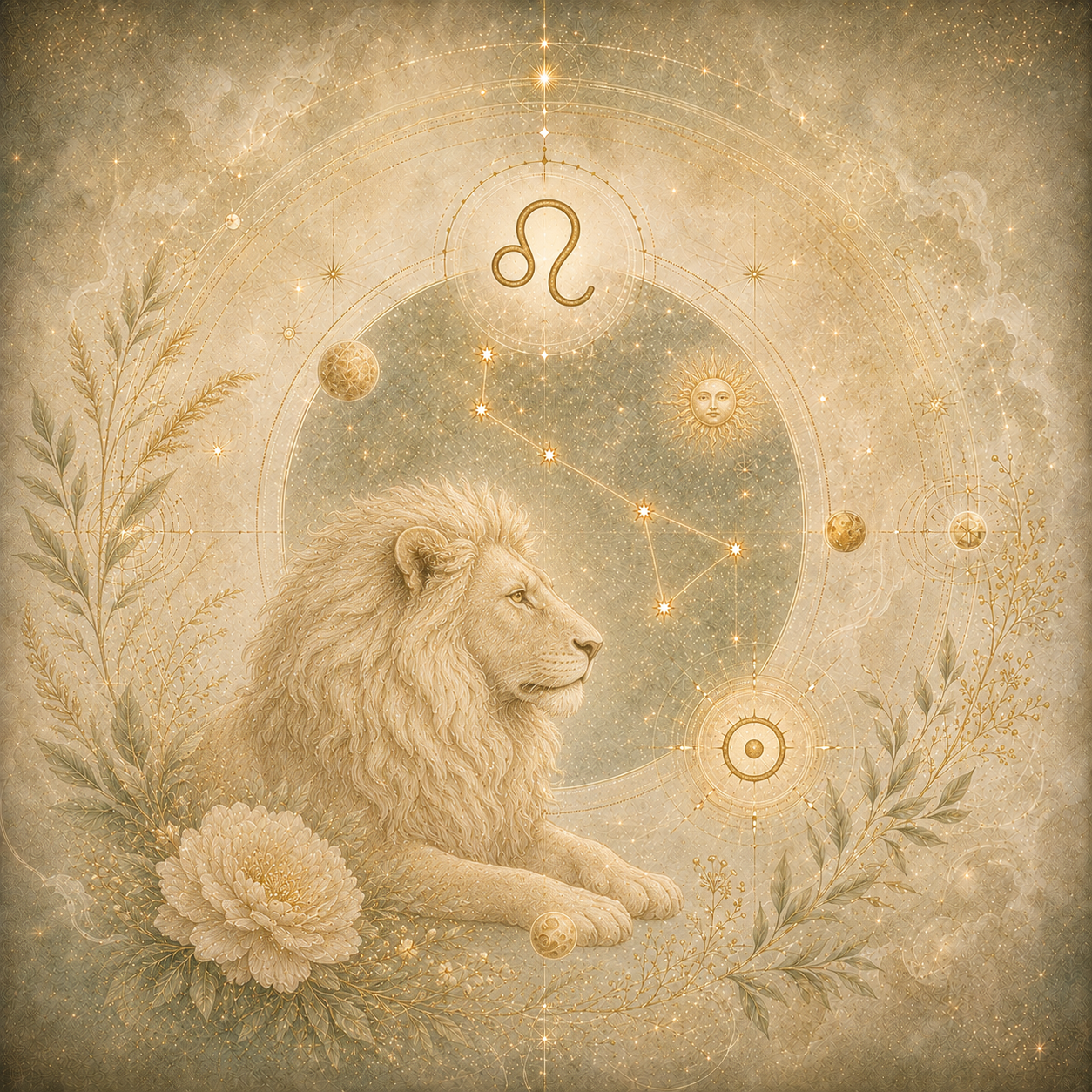 Goldfarbene Löwedarstellung mit Sternbild, Mondsymbolen und feinen Pflanzenmotiven auf einem cremefarbenen, kosmischen Hintergrund.