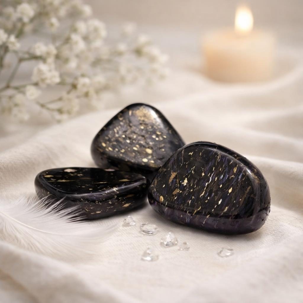 Nuumit Trommelstein schwarz mit metallisch-schimmernden Streifen auf hellem Stoffhintergrund als Symbolbild für das 13. Sternzeichen.