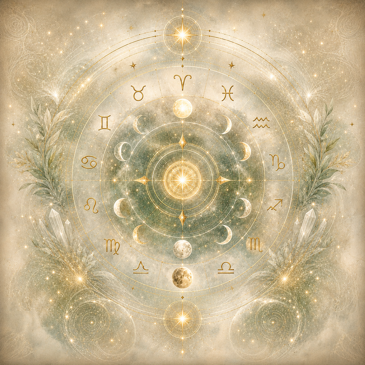 Astrologische Illustration mit Tierkreiszeichen, Mondphasen, Sternen, Kristallen und zarten Pflanzen in Gold-, Creme- und Salbeitönen.