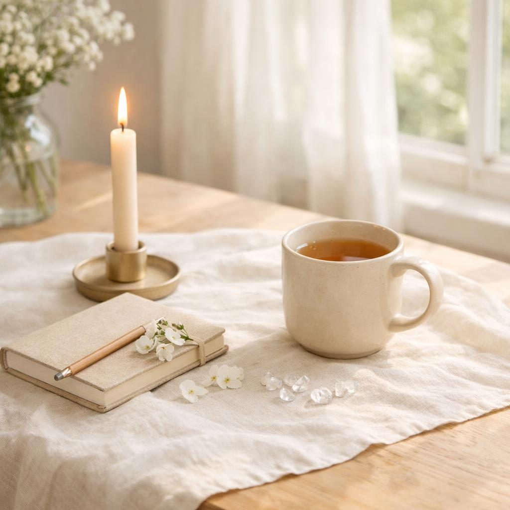 Tisch mit Teetasse, Kerze, Buch als Symbolbild für die Portaltage im Januar 2026.