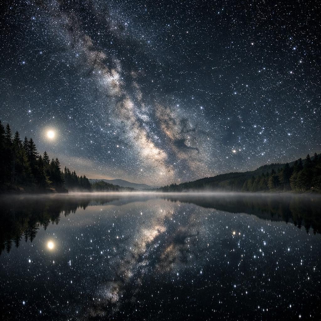 Universum mit Milchstraße spiegelt auf einer ruhigen See-Oberfläche – Symbolbild für Planeten und Edelsteine.