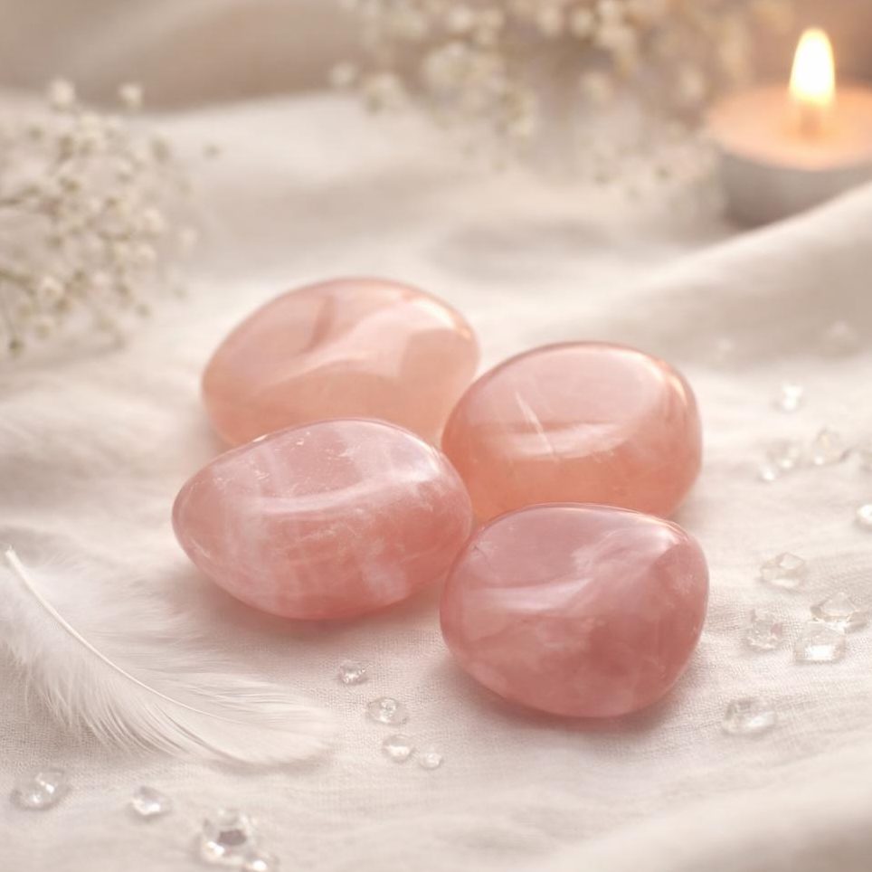 Rosenquarz Trommelsteine auf hellem Stoffhintergrund für die Seite Sternzeichen und Edelsteine.