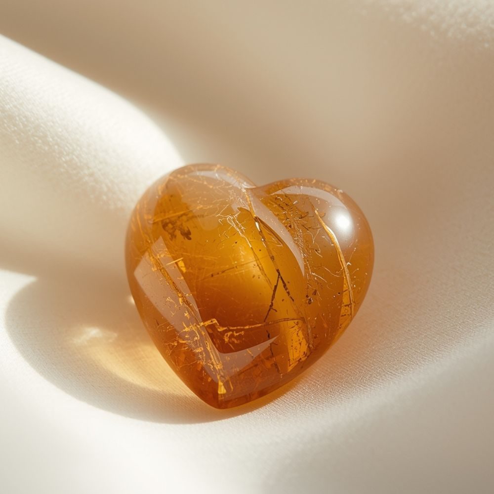 Karneol Herz auf hellem Stoffhintergrund – Symbolbild für Edelsteine und Aszendent Widder.