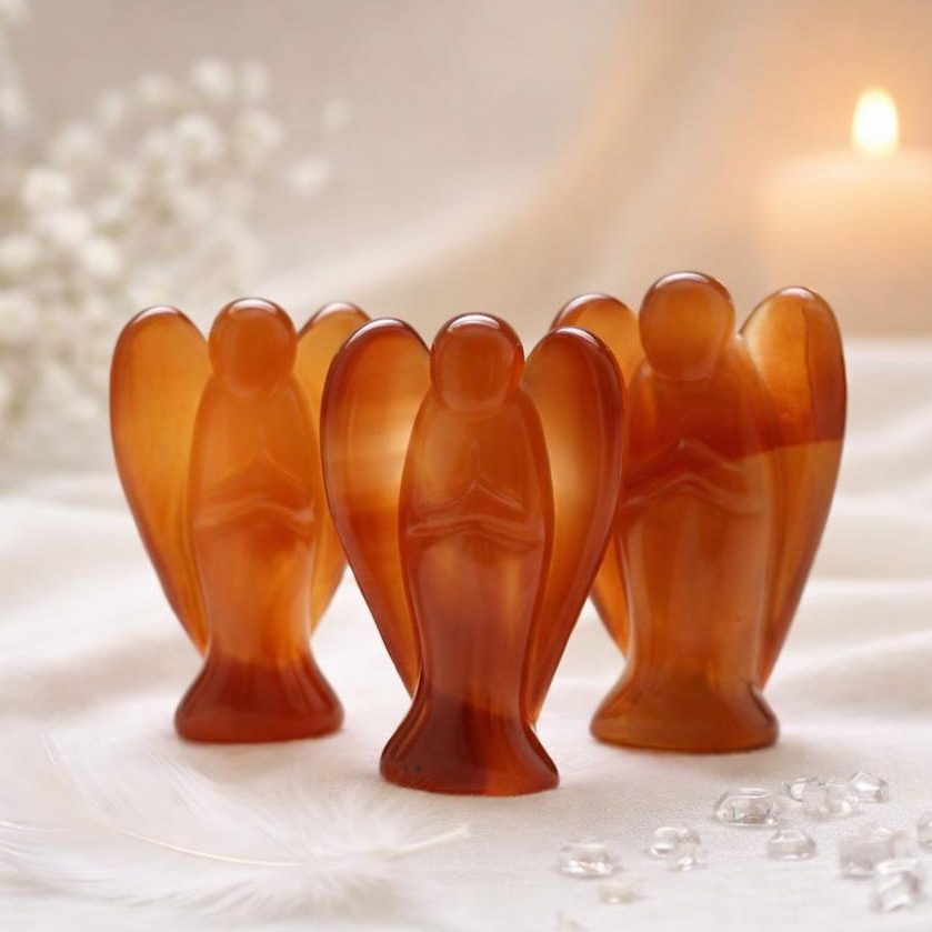 Karneol Engel auf hellem Stoff Hintergrund mit weißen Blüten und Kerze – Symbolbild für Sternzeichen Krebs