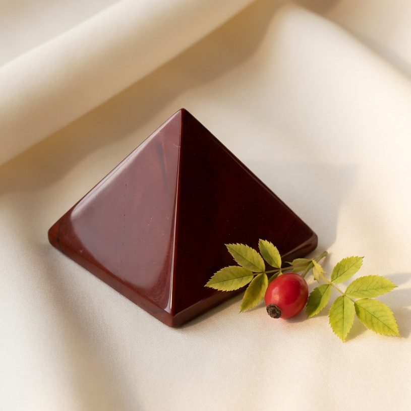 Rote Jaspis Pyramide mit Hagebutte auf hellem Stoffhintergrund – Symbolbild für das Wurzelchakra und passende Edelsteine.