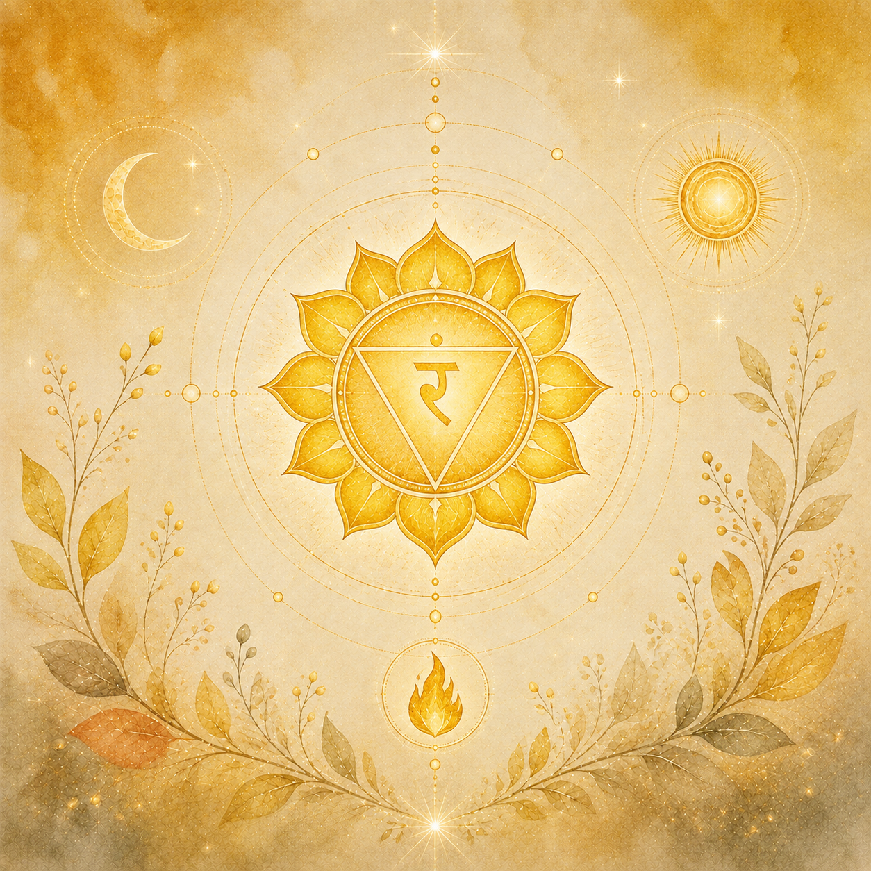 Solarplexuschakra-Symbol (Manipura) in Gelb- und Goldtönen mit zehnblättrigem Lotus, nach unten gerichtetem Dreieck und Sanskrit-Zeichen