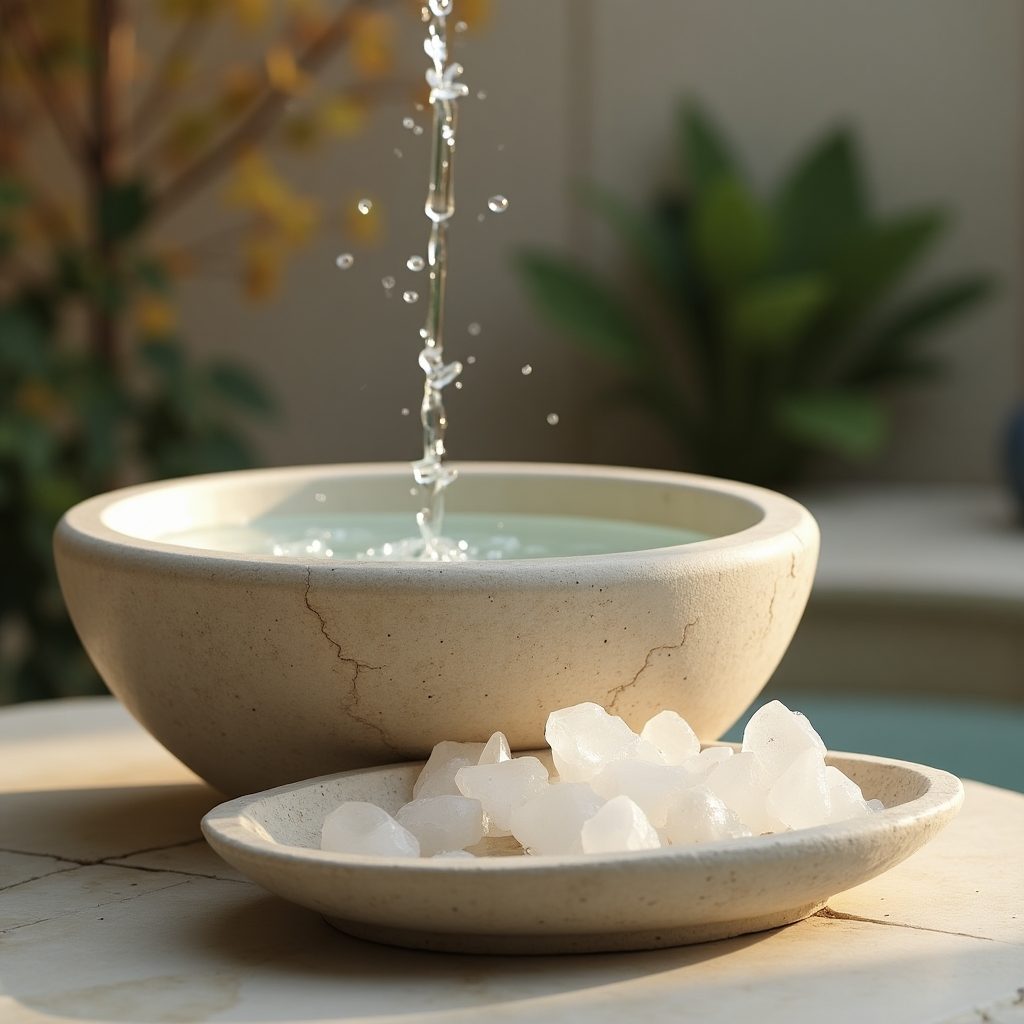 Wasserbrunnen aus Stein mit Bergkristall-Rohsteinen als Symbolbild für Edelsteine reinigen.