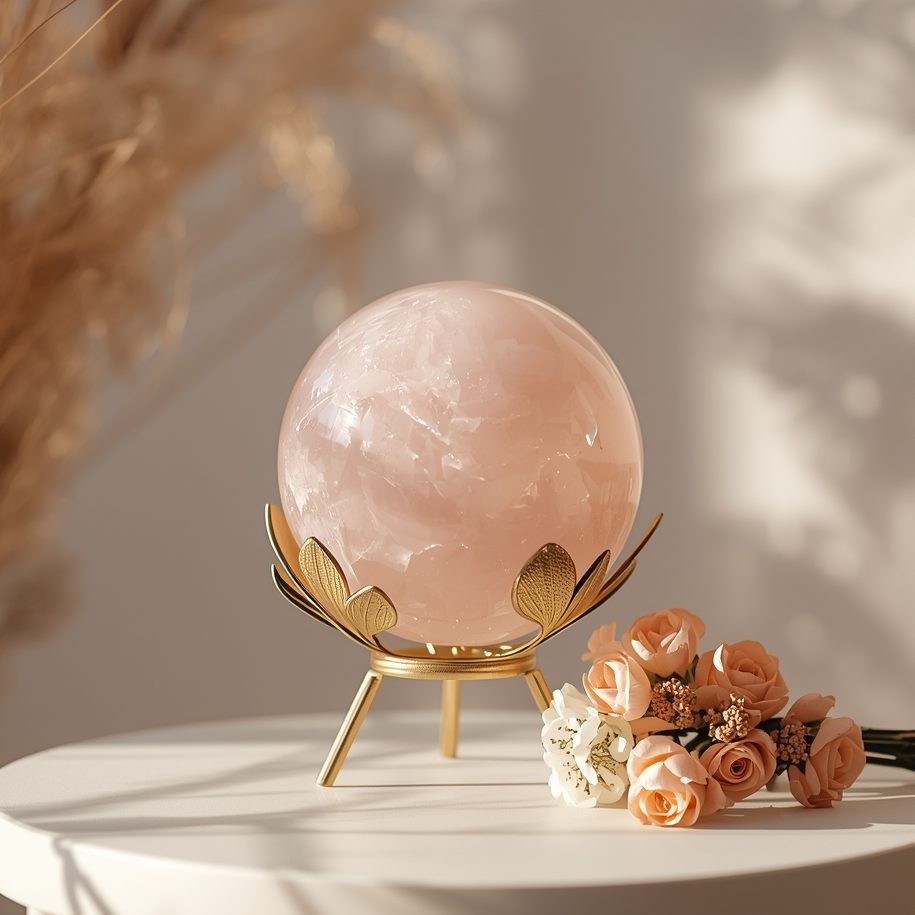 Rosenquarz Kugel auf goldenem Ständer auf hellem Stoffhintergrund – Symbolbild für Hinweis zu Edelsteinen.