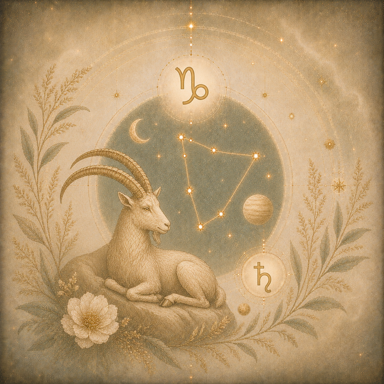 Goldfarbene Steinbockdarstellung mit Sternbild, Mondsymbolen und feinen Pflanzenmotiven auf einem cremefarbenen, kosmischen Hintergrund.