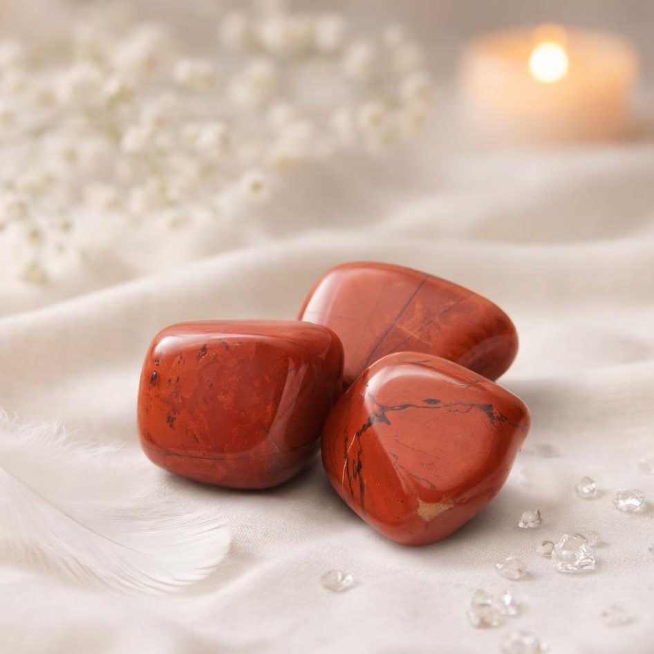 Roter Jaspis Trommelstein auf hellem Stoffhintergrund mit Kerzenlicht und weißen Blüten als Symbol für Schutz.