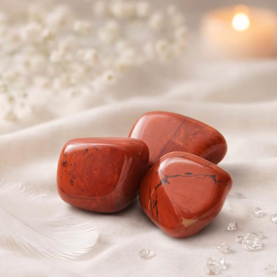 Roter Jaspis Trommelstein auf hellem Stoffhintergrund als Symbolbild für die Mondphasen im Februar 2026 und passende Edelsteine.