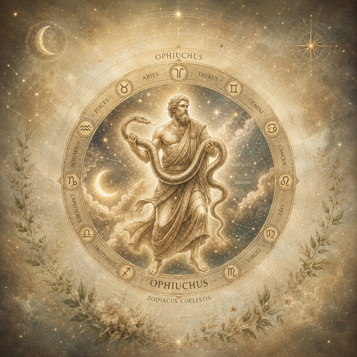 Ophiuchus (Schlangenträger) als antike Figur mit Schlange in einem astrologischen Tierkreis, umgeben von Sternen und goldenen Himmelsmotiven