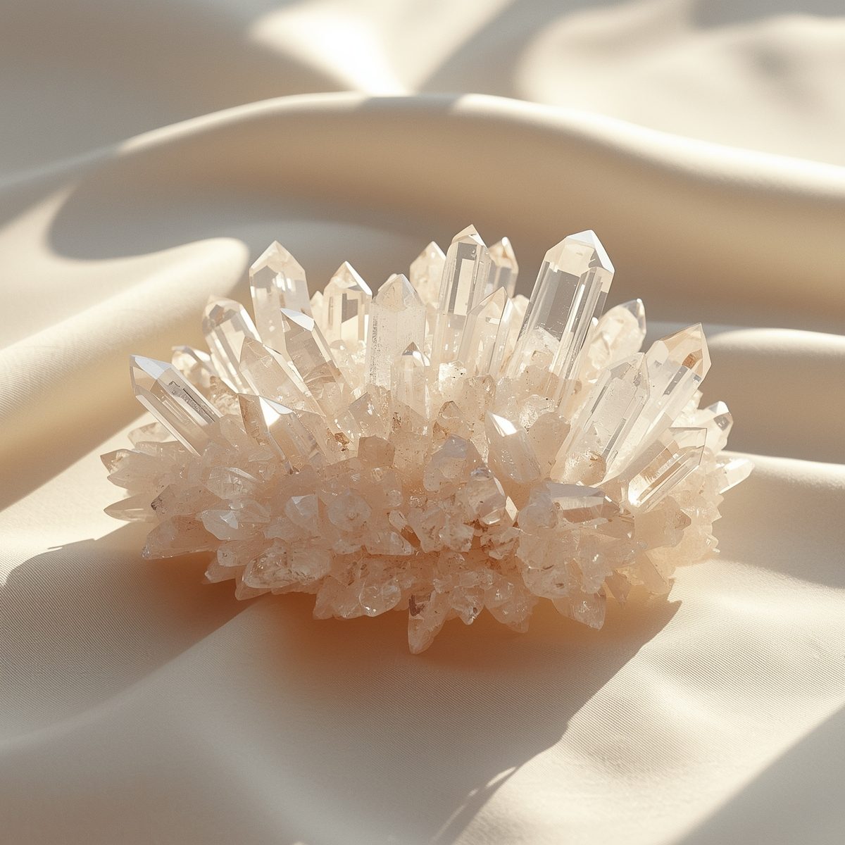 Bergkristall Stufe auf hellem Stoffhintergrund – Symbolbild für Edelsteine reinigen.