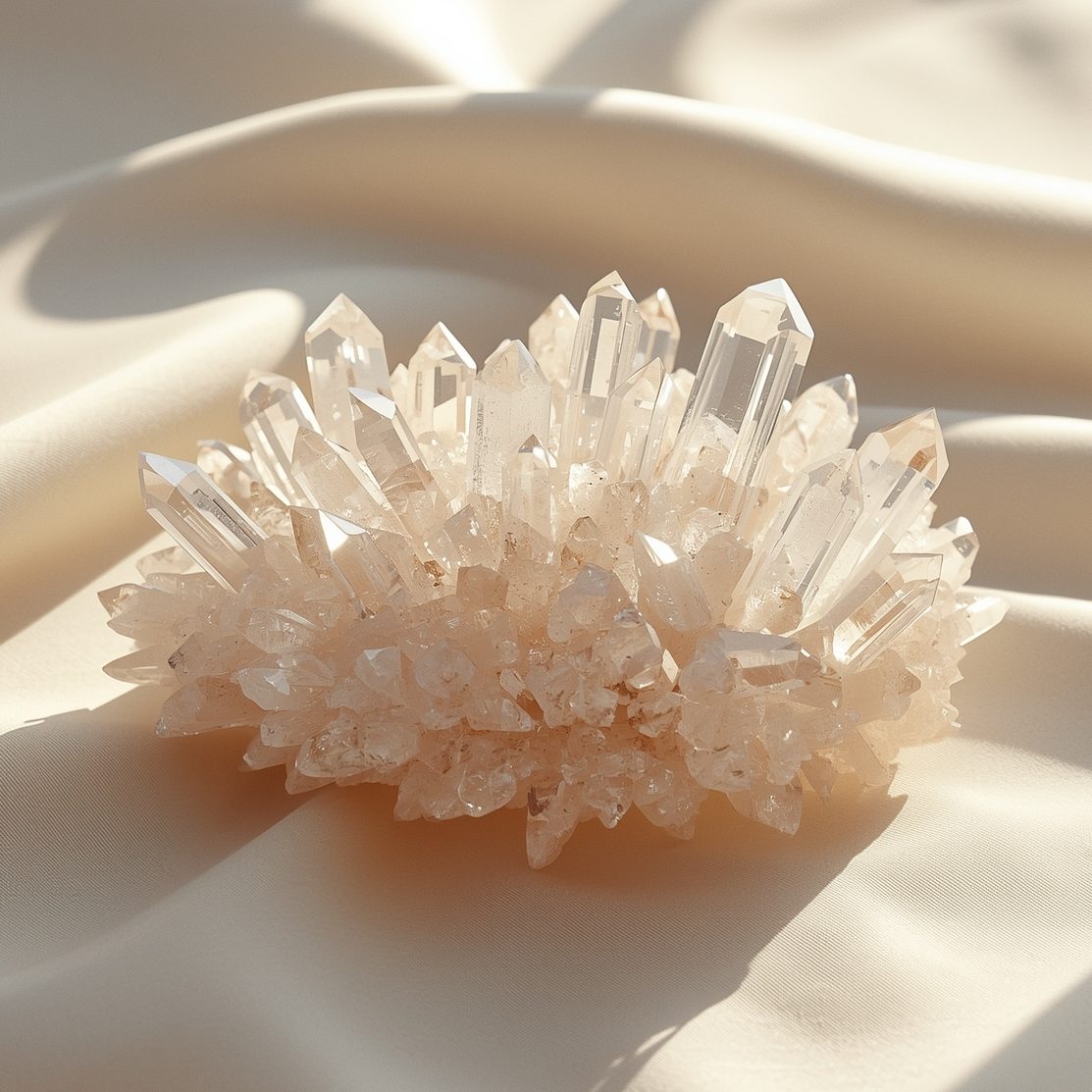 Klare Bergkristall Stufe auf hellem Stoffhintergrund – Symbolbild für Edelsteine und Aszendent Steinbock.