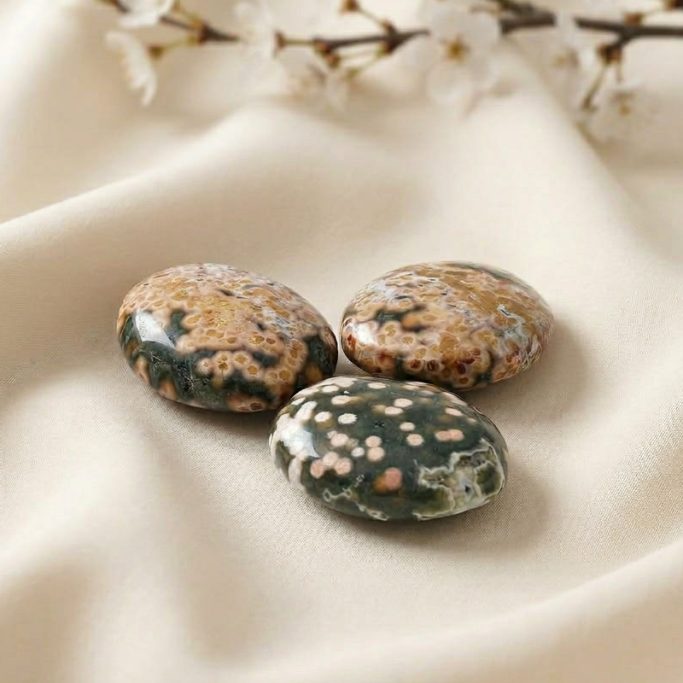 Ozeanjaspis Trommelsteine auf hellem Stoffhintergrund mit weißer Kirschblüte.